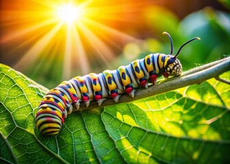 Naklejka premium Vibrant Caterpillar on Green Leaf - Sunny Garden Drone Shot
