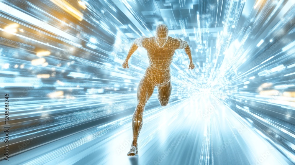 Poster wireframe human running through futuristic digital tunnel