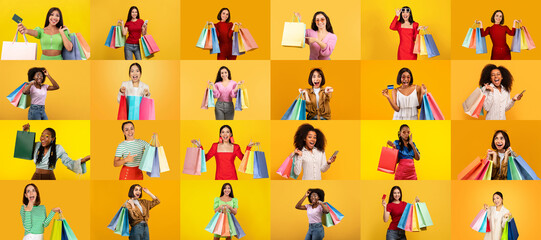 Groups of enthusiastic shoppers showcase their colorful bags filled with purchases during a lively shopping event. The joyous atmosphere reflects the excitement of holiday sales and discounts.