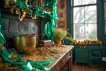 st patricks day celebration, gold coins on mantelpiece, green streamers hanging, and irish music livening up the vibrant saint patricks day party