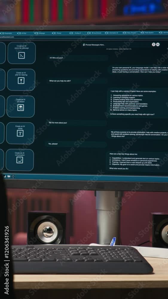 Fototapete Vertical video AI LLM chatbot answering user prompts using predictive technology in home office. Computer setup in apartment workspace using large language model program with artificial intelligence