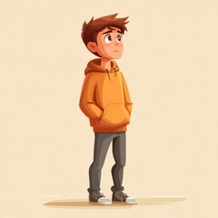 Cartoon Style Illustration of a Thoughtful Young Person in a Hoodie Standing Confidently with Hands in Pockets Against a Simple Background