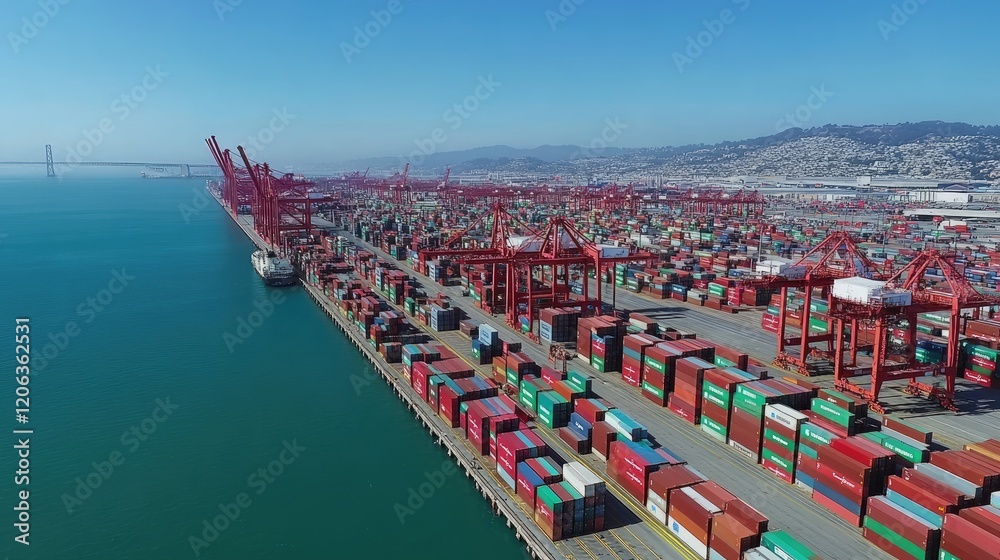 Aufkleber aerial view of a busy container port and shipping docks