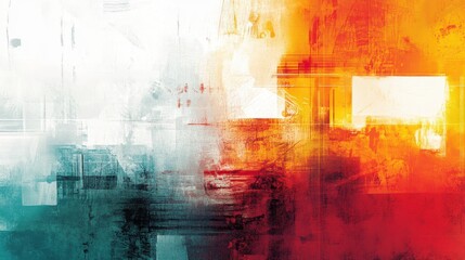 Abstract Artistic Composition Featuring Vibrant Gradients of Red and Teal Intersected by Bold Geometric White Shapes Creating a Dynamic Atmosphere