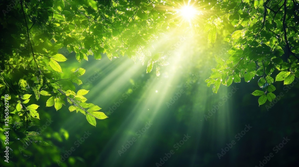 Poster sunbeams filtering through lush green leaves in a forest