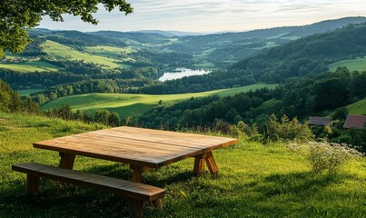 A large wooden table placed on a hillside overlooking a tranquil green valley with rolling hills and a distant lake, lake in the distance, hillside view, outdoor decor, wooden furniture, green valley