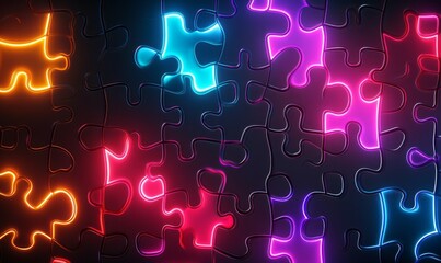 Abstract Neon Puzzle Pieces on a Black Background