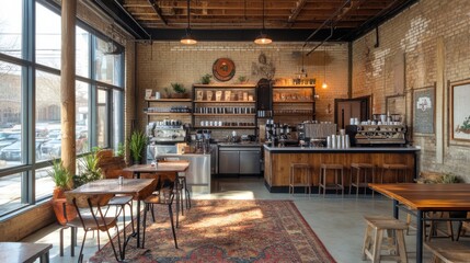 Cozy caf? interior with wooden furniture, coffee bar, and natural light illuminating the space
