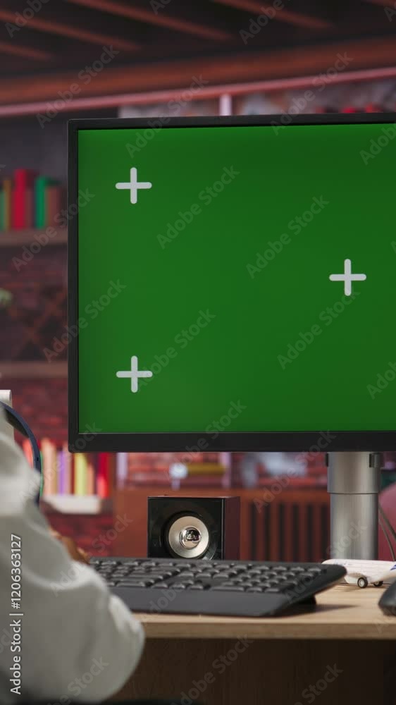Poster vertical video teleworker at home using isolated screen pc display during job shift, analyzing data 