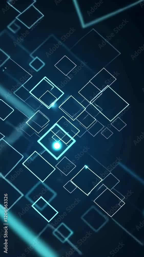 Wall mural modern abstract design featuring glowing blue squares and rectangles with dark background creating a