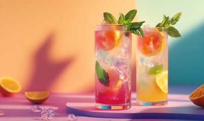 A refreshing scene with three colorful drinks in tall glasses, garnished with mint leaves and citrus, against a soothing pastel background for a summer refreshment vibe