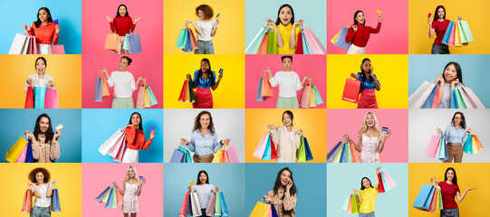 A lively collection of individuals celebrating their shopping successes during Black Friday. Each person joyfully displays their colorful purchases against bright, cheerful backgrounds.