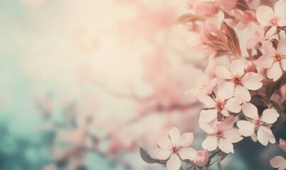 Fototapeta premium Cherry blossom flowers on vintage wooden background, border design. vintage color tone - concept flower of spring or summer background