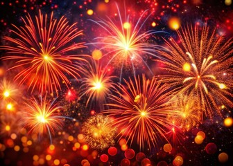 Fototapeta premium Vibrant Red Fireworks Burst in Particle Cloud, Panoramic Night Sky