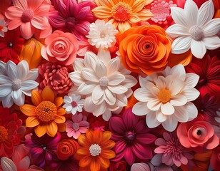 a vibrant and colorful floral wall made up of various shades of pink orange white and red flowers1.jpg