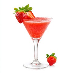 A fruity strawberry daiquiri with strawberry garnish, positioned against an isolated white...