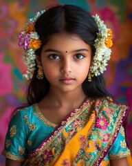 Fototapeta premium Indian portrait: child in ethnic dress, traditional charm, cultural symbolism, regional costume, vivid colors, heritage expression, youthful innocence, intricate embroidery, cultural pride, 