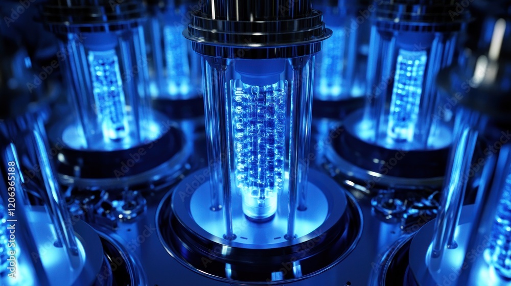Poster Futuristic Blue Illuminated Laboratory Reactor Array