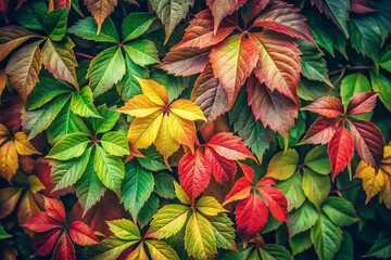 Fototapeta premium Vintage Autumn Virginia Creeper Leaves: Red, Green, Yellow Foliage Background