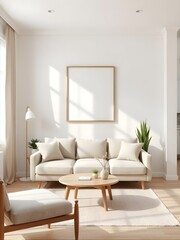 compact minimalist living room, 3d render, multifunctional furniture, bright white wall, square frame mockup, small potted plants, clutter-free aesthetic, soft lighting