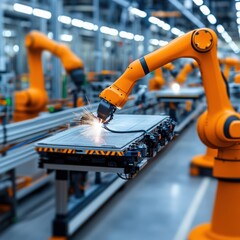 Advanced robotic arm welding metal parts in a modern manufacturing facility, showcasing innovation and automation in industry.