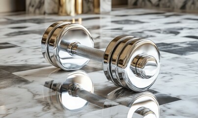 Classic chrome dumbbell ready for strength training in home gym setting
