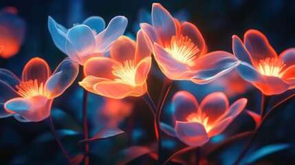 Glowing translucent flowers in vibrant orange and blue hues, illuminated in the dark.