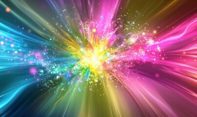 Fototapeta premium A vibrant explosion of abstract shapes and patterns in neon pink green blue and yellow against a gradient background with soft pastel hues, colorful backgrounds, neon lights, color explosion