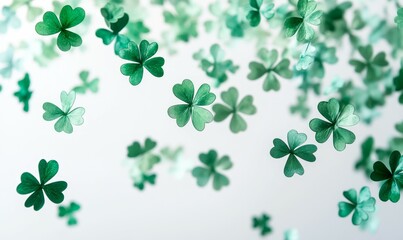 Bunch of green shamrocks scattered across a white background. The shamrocks are arranged in a way that they look like they are floating in the air.