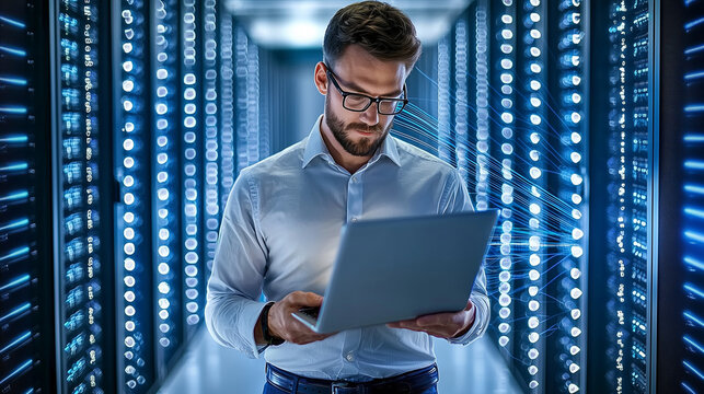 Futuristic Data Center with Chief Technology Officer and Laptop