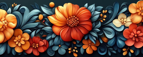 Vibrant digital artwork featuring an intricate composition of orange, red, and yellow flowers with blue leaves and decorative swirls against a dark background.