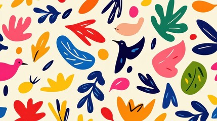 Explore a vibrant abstract pattern with birds, flowers, and leaves. Perfect for fabric, prints, and contemporary designs.