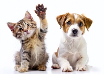 Vintage Photo: Playful Jack Russell Puppy & Scottish Straight Kitten Waving Paws