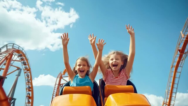 Joyful children experiencing thrill on a roller coaster ride under clear blue skies