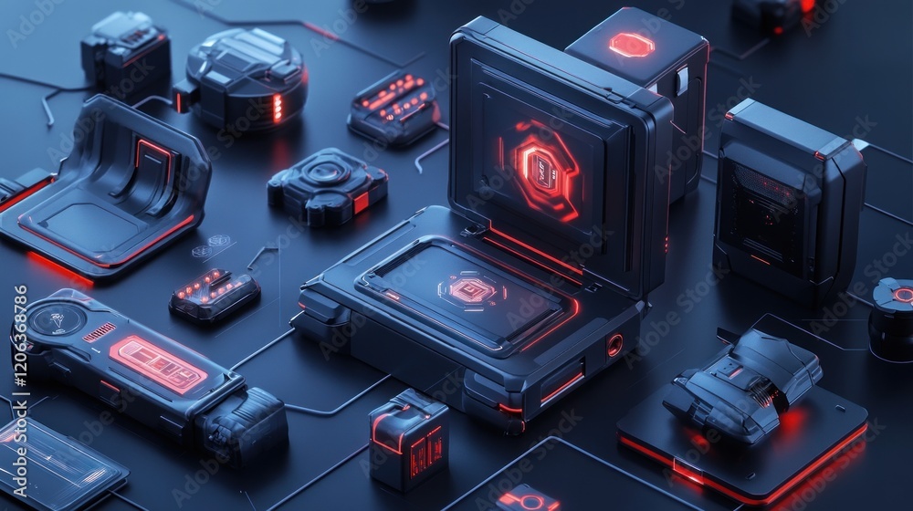 Poster Futuristic Technology Devices Arrayed On Dark Surface