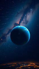 Obraz premium Amazing deep space with stars and a blue planet Earth with city lights at night. Space for design and text, angled photoshot, with white tones