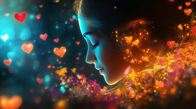 Serene girl surrounded by glowing hearts and flowers.