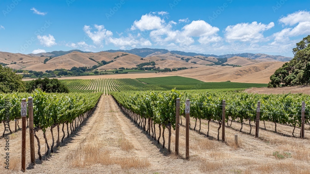 Poster vineyard rows stretch towards distant rolling hills
