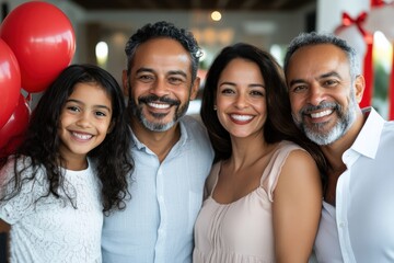 A joyful family portrait featuring two adults and two children surrounded by balloons, radiating happiness and unity during a festive occasion in a bright atmosphere.