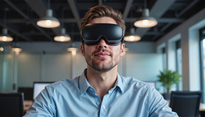 Young man enjoying virtual reality in modern tech office, immersive experience