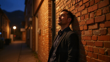 Obraz premium Thoughtful job candidate leaning against brick wall in twilight, career reflection