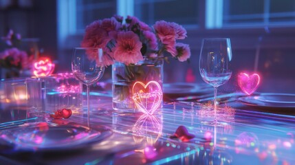 Obraz premium Romantic dinner table setting with neon hearts, flowers, and glowing glasses.