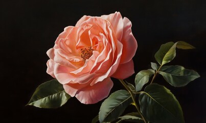 Extreme close-up of a radiant pink rose with green leaves on a dark background
