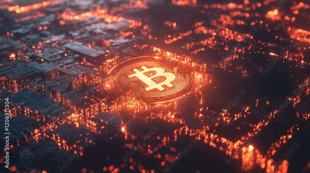 Poster glowing bitcoin symbol on circuit board background