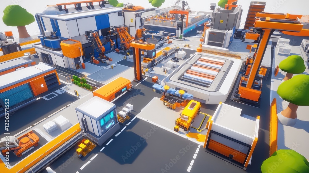 Poster Futuristic Factory Complex Automated Robotic Production Line