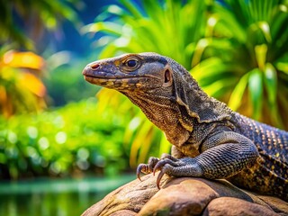 Fototapeta premium Water Monitor Lizard Basking on Rock, Copy Space, Wildlife Photography