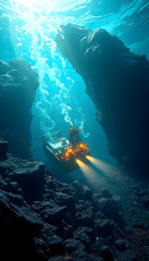 Deep sea mining for rare earth minerals. Concept Mining Industry, Deep Sea Operations, Rare Earth Minerals, Environment Impact, Future Technology, hyperrealism, with white tones