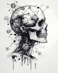 Fototapeta premium A tattoo design featuring a skull with alchemical symbols appearing within or around it
