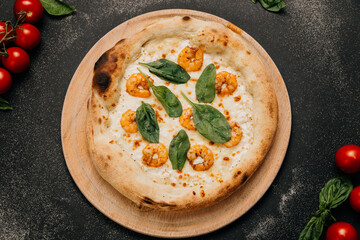 Delicious seafood pizza topped with juicy shrimp, spinach leaves, and melted mozzarella cheese
