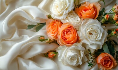 Obraz premium Extreme close-up floral arrangement orange white roses draped ivory fabric